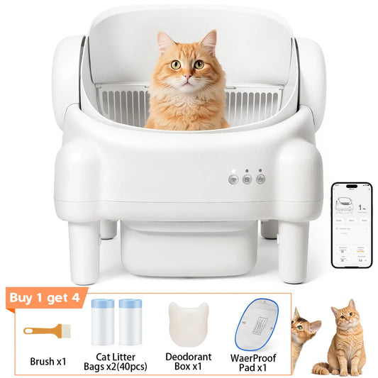 TAYACICY Smart Self Cleaning Litter Box Open Top Automatic with App Control for Multiple Cats Safety Sensors Odor Control Includes 2 Roll Liners Large Waste Bin Cream White