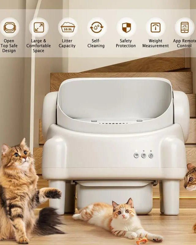 ECORUI Automatic Self-Cleaning Litter Box with App Control - Spacious & Safe for Multiple Cats - Cream White