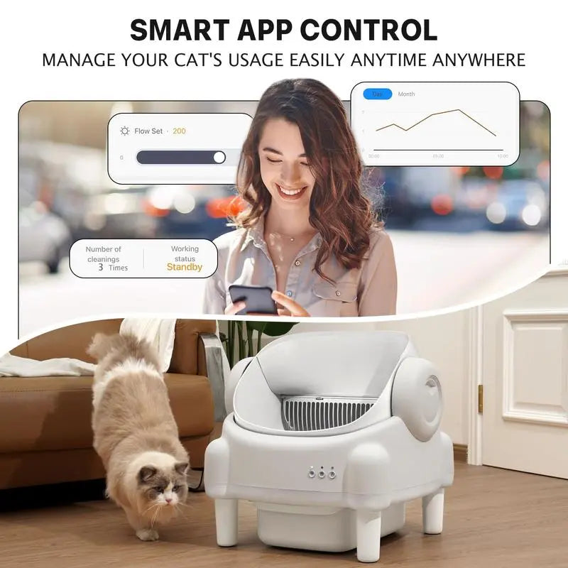 ECORUI Automatic Self-Cleaning Litter Box with App Control - Spacious & Safe for Multiple Cats - Cream White